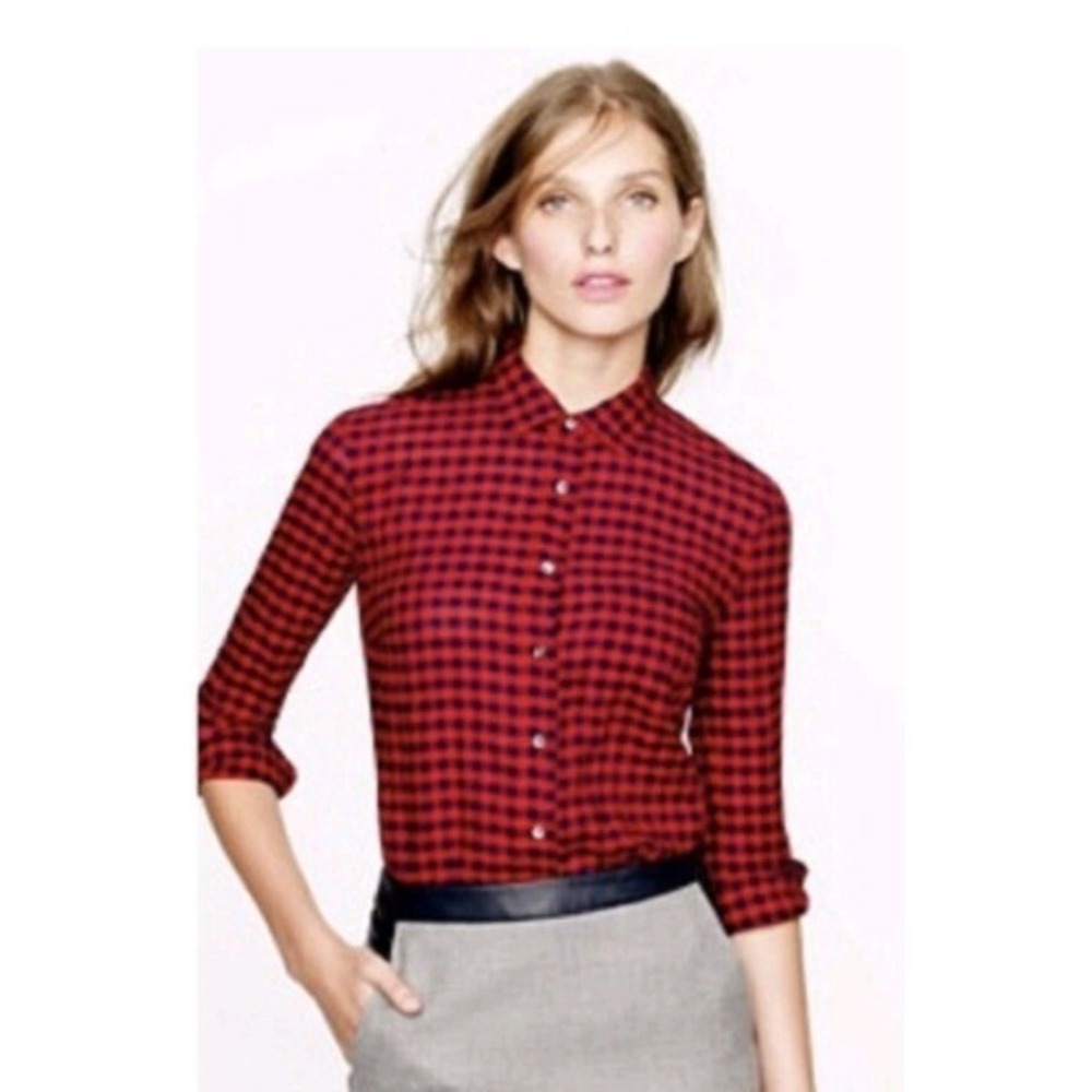 J Crew Red Navy Gingham Check Button Down Shirt Boy Fit Size 2